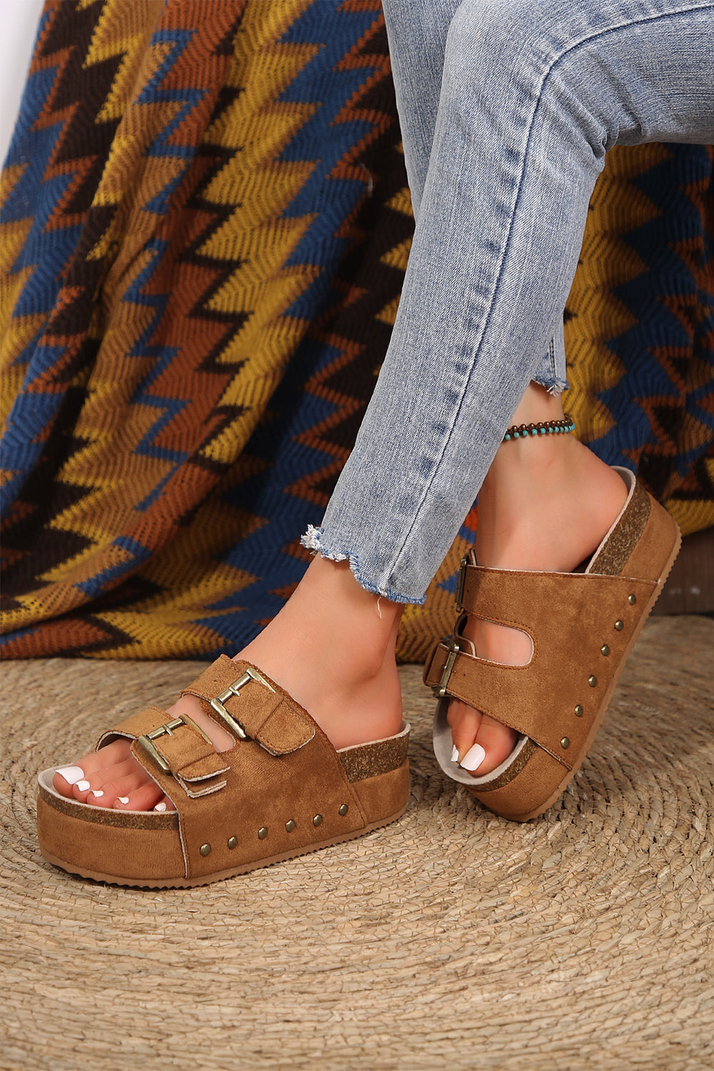 Black Suede Buckle Corky Platform Slides Shoes