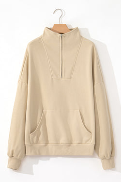 Black Zip-up Stand Neck Kangaroo Pocket Sweatshirt