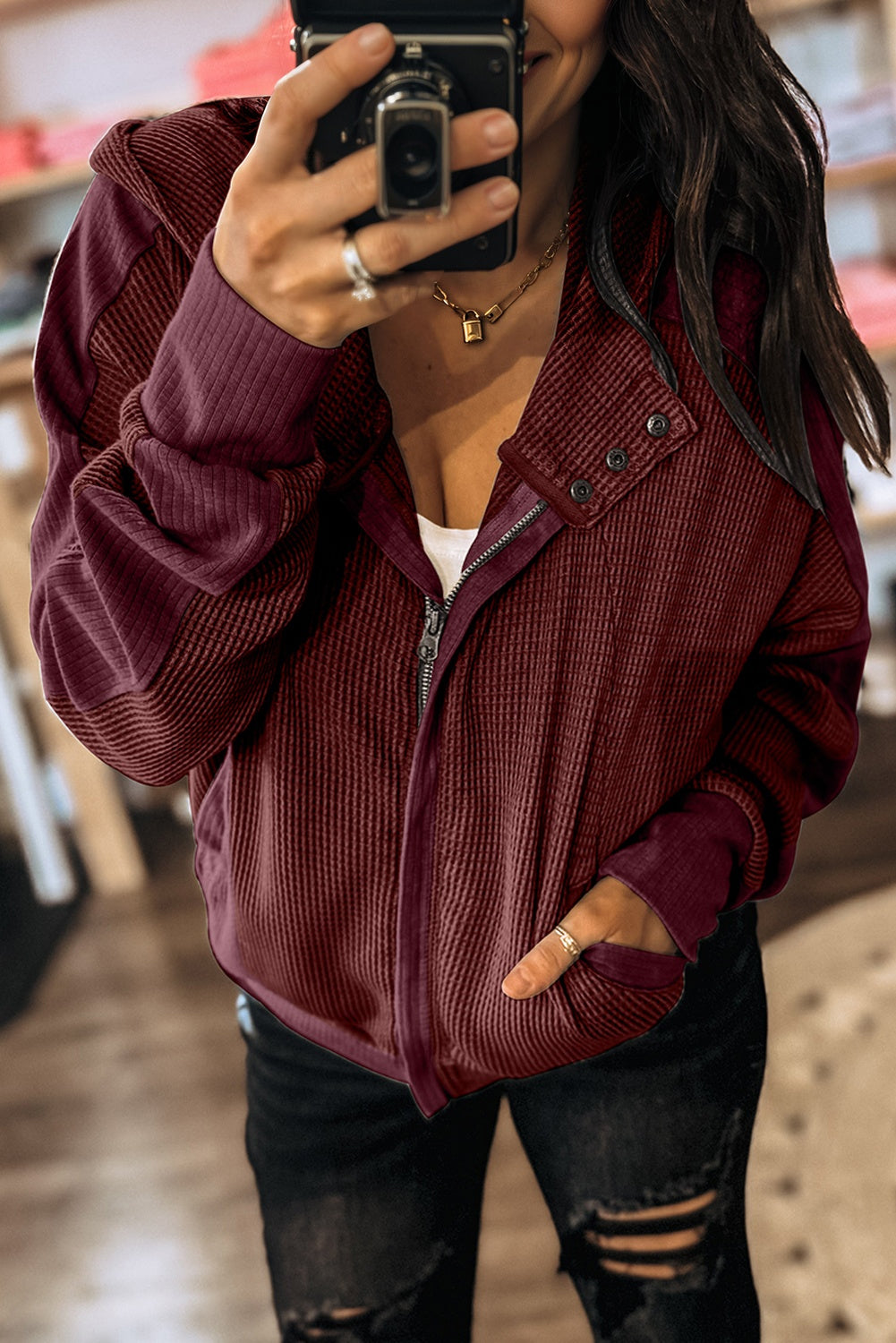 Gray Waffle Splicing Zip Up Front Button Hooded Jacket