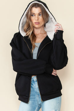 Black Sherpa Hooded Athleisure Zip Up Sweatshirt