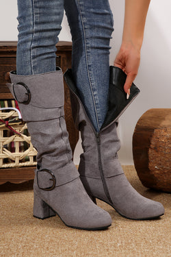 Dark Grey Suede Double Buckled Side Zipper Mid-calf Boots