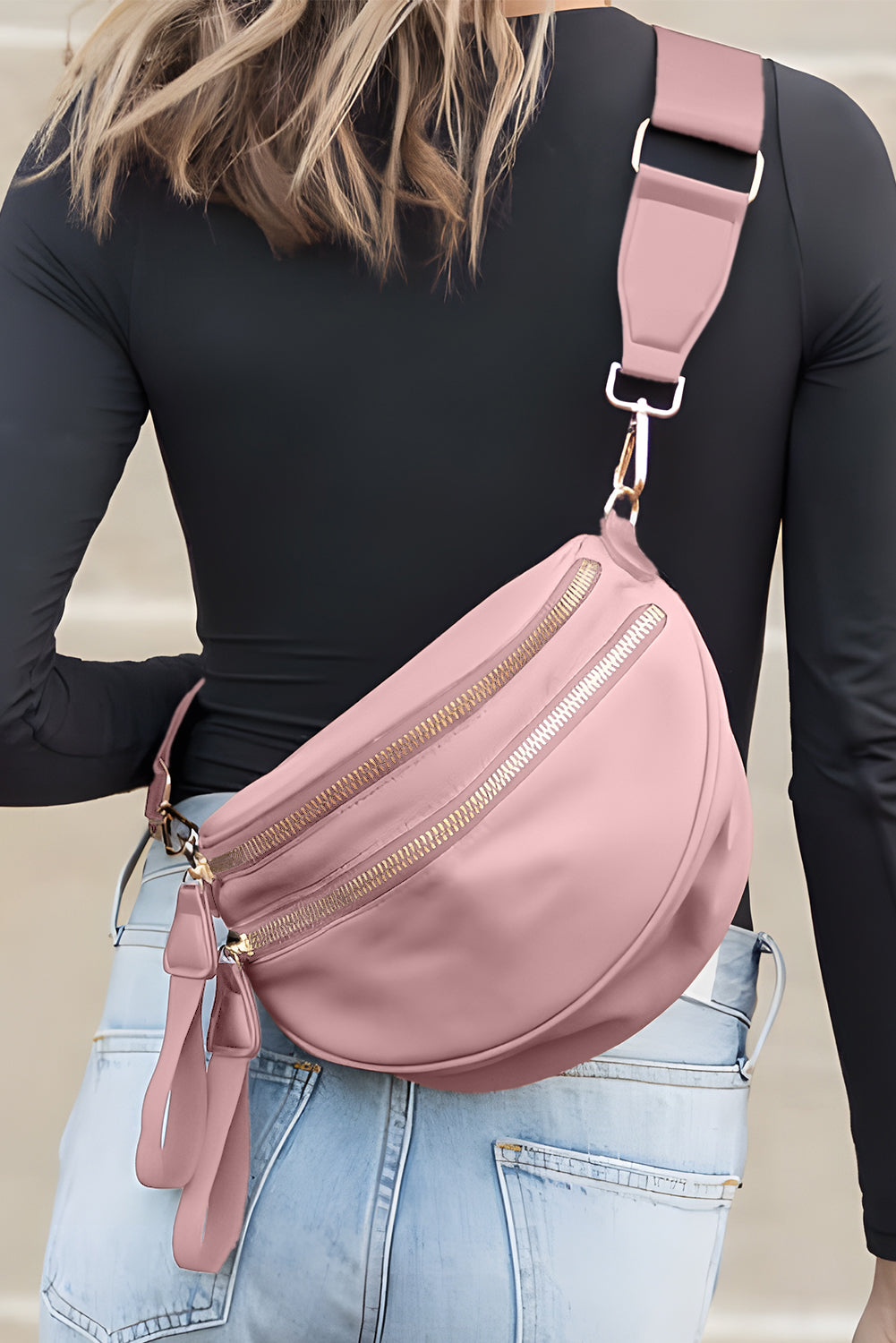 Bright Pink Strap Double Zipper Crossbody Bag