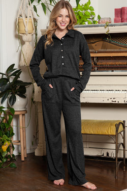 Brown Ribbed Henley Shirt and Wide Leg Pants Loungewear Set