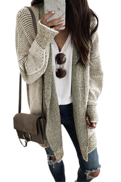 Grey Plaid Contrast Trim Casual Knit Cardigan