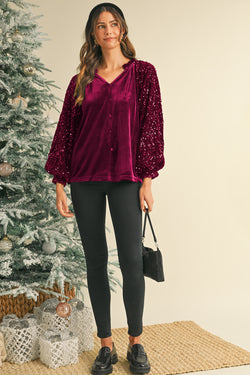 Red Dahlia Velvet Sequin Patchwork Sleeve Button Up Blouse