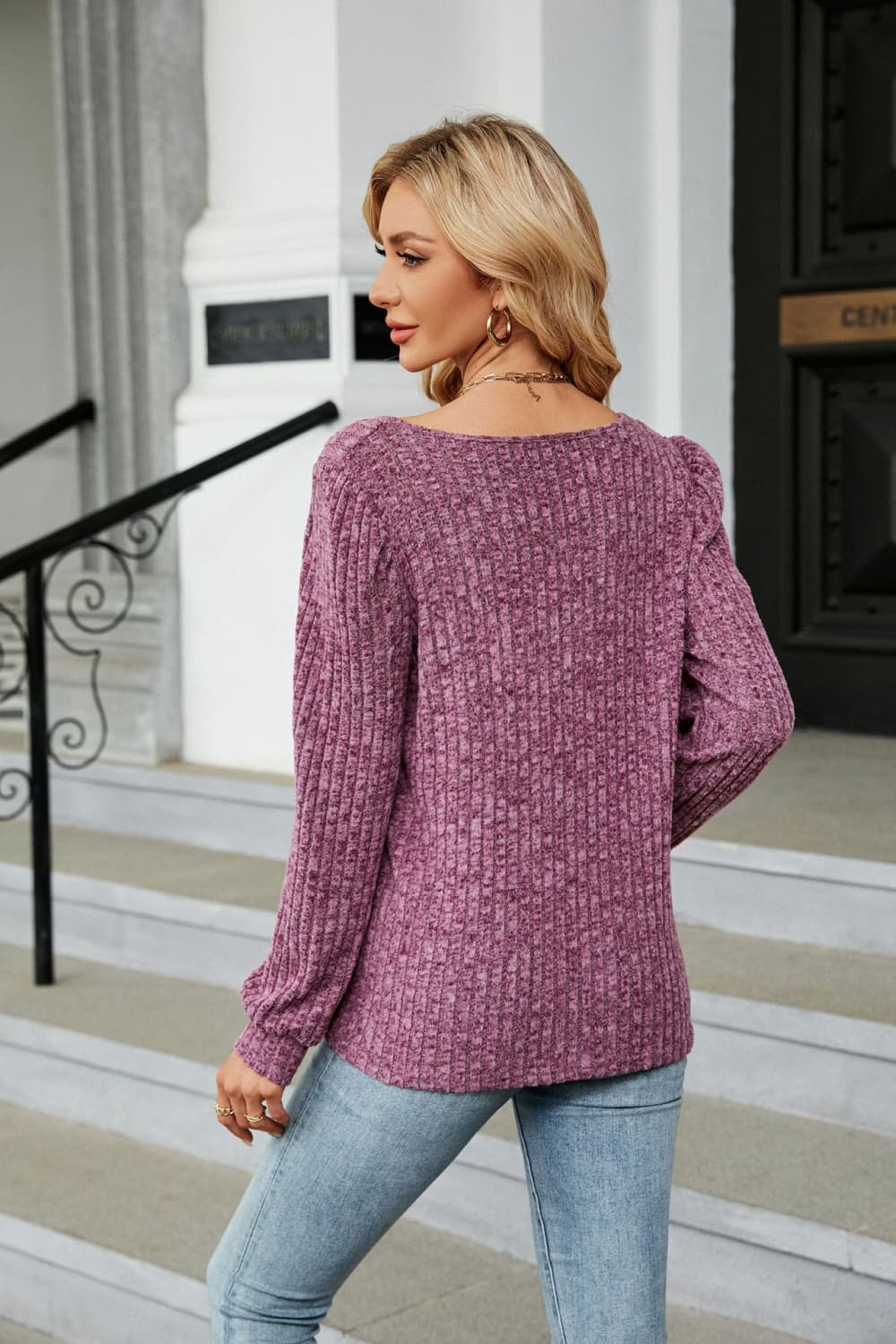 Ribbed Square Neck Long Sleeve T-Shirt