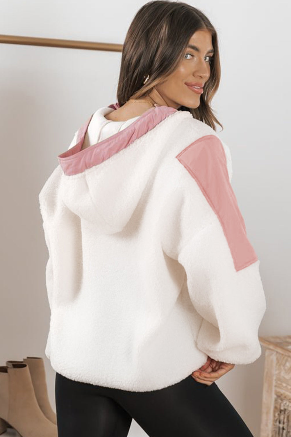 Pink Patchwork Half Zip Oversized Sherpa Hoodie