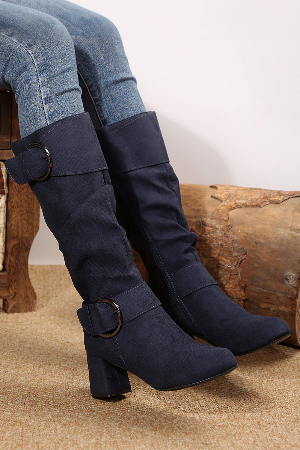 Dark Grey Suede Double Buckled Side Zipper Mid-calf Boots