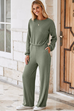 Black Solid Ribbed Knit Keyhole Back High Waist Jumpsuit