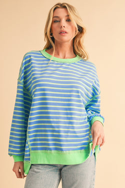 Pink Stripe Contrast Trim High Low Tunic Sweatshirt