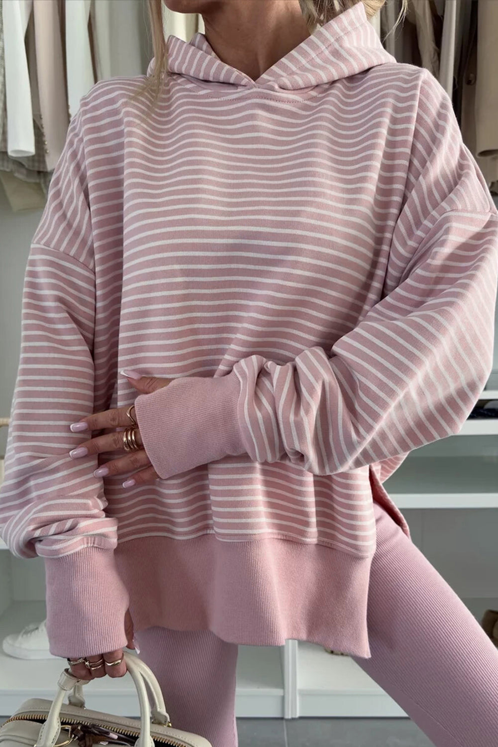 Rose Stripe Thumbhole Side Slits Drop Shoulder Loose Fit Hoodie