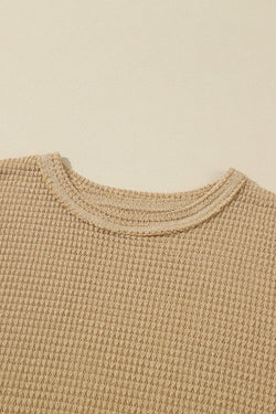 Gray Waffle Knit Drop Sleeve Side Slits Oversized Top