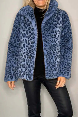 Full Size Leopard Furry Collared Neck Long Sleeve Coat