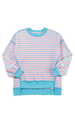 Pink Stripe Contrast Trim High Low Tunic Sweatshirt