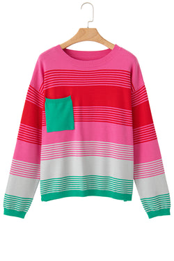 Rose Striped Patch Pocket Drop Shoulder Knit Sweater