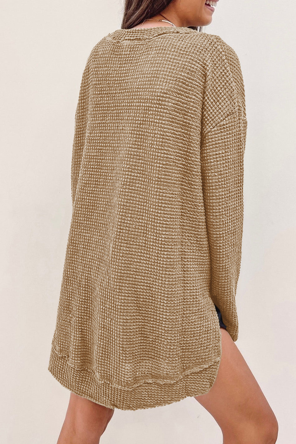 Gray Waffle Knit Drop Sleeve Side Slits Oversized Top