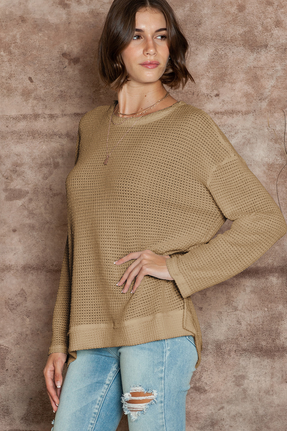 Gray Waffle Knit Drop Sleeve Side Slits Oversized Top