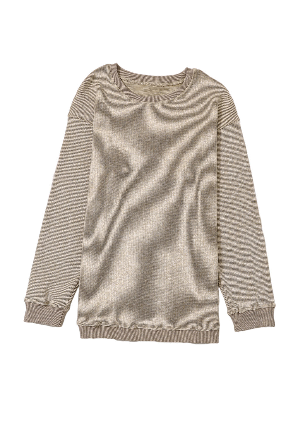 Plain Gray Solid Ribbed Knit Round Neck Pullover Sweatshirt