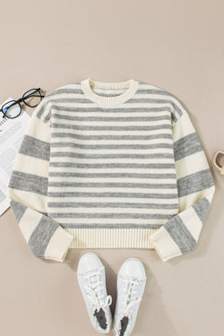 Gray Stripe Drop Shoulder Crew Neck Sweater