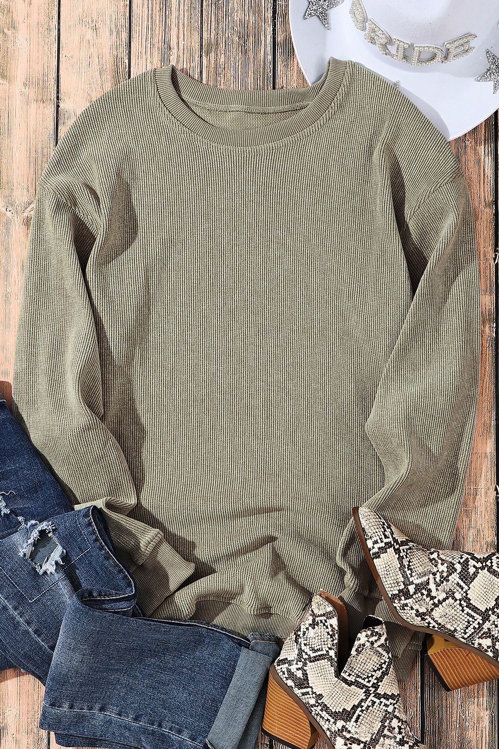 Plain Gray Solid Ribbed Knit Round Neck Pullover Sweatshirt