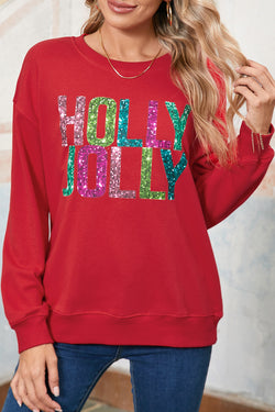 Red HOLLY JOLLY Heat Transfer Printing Graphic  Christmas Pullover Sweatshirt