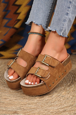 Black Suede Buckle Corky Platform Slides Shoes