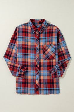 Red Plus Size Plaid Print Buttoned Shirt