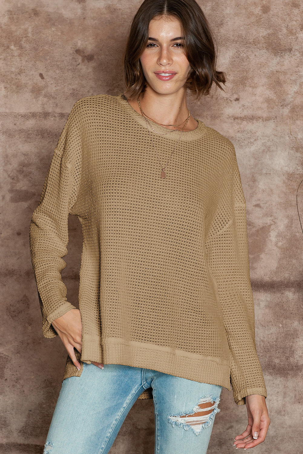 Gray Waffle Knit Drop Sleeve Side Slits Oversized Top