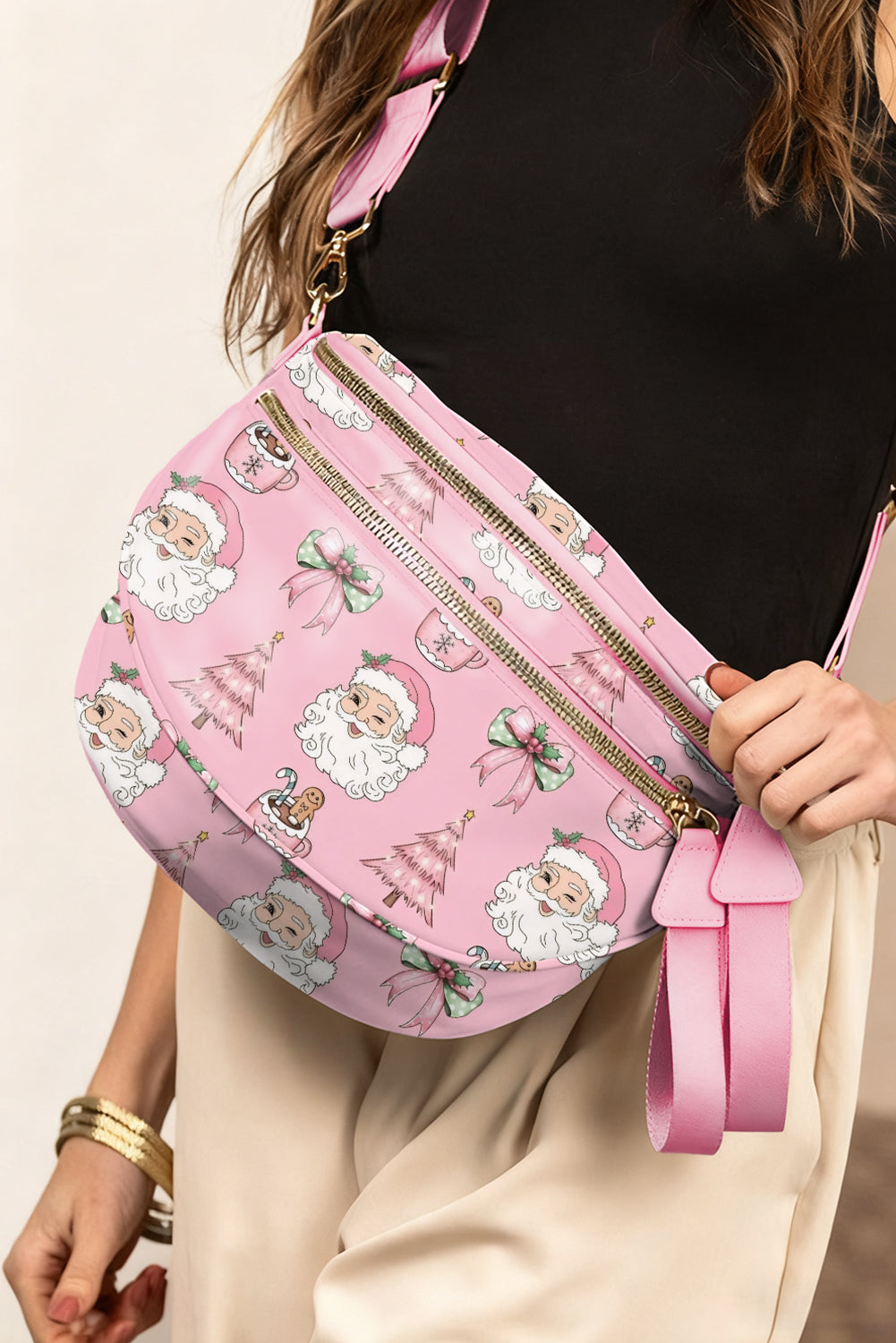 Pink Christmas Graphic Double Zip Crossbody Bag