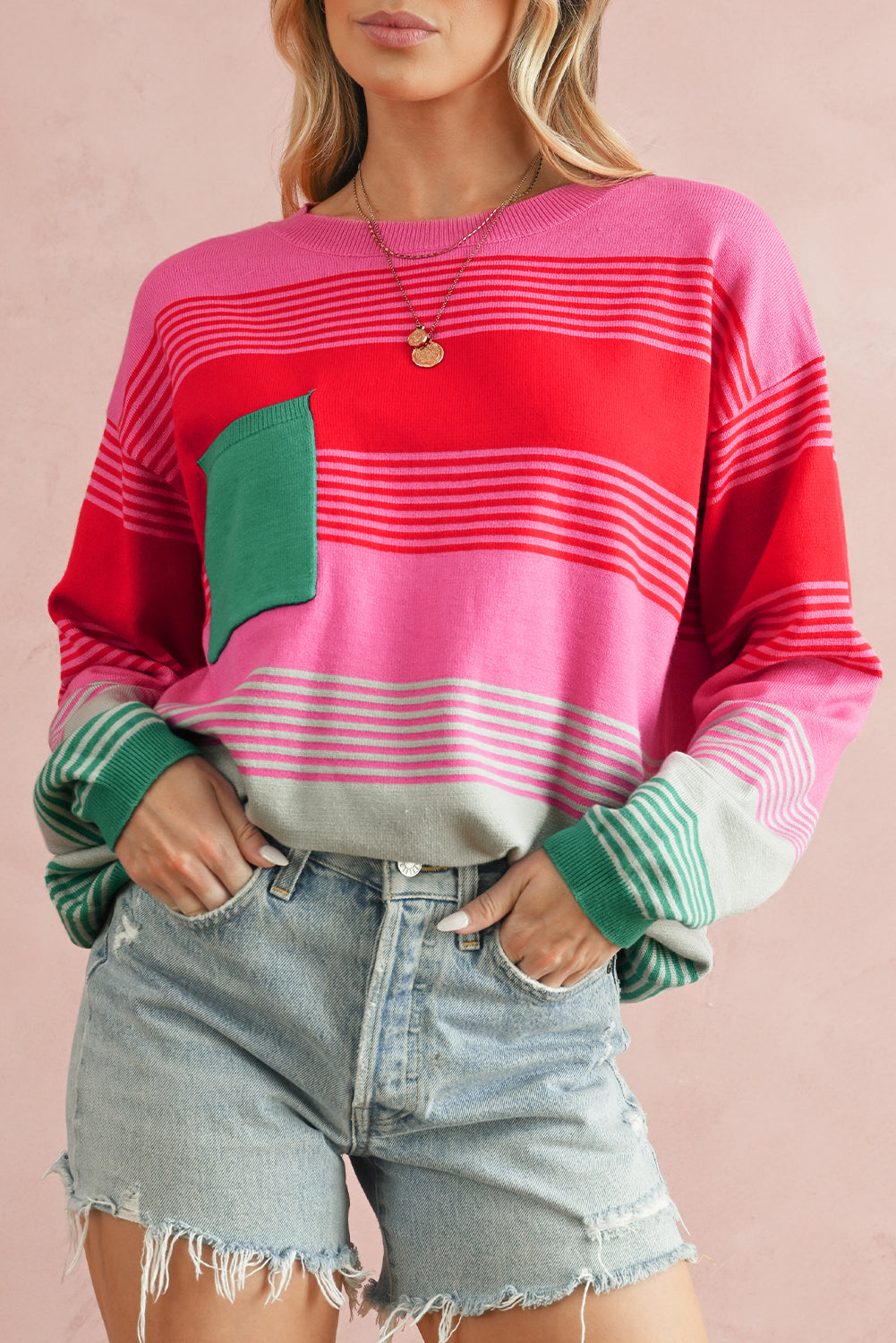 Rose Striped Patch Pocket Drop Shoulder Knit Sweater