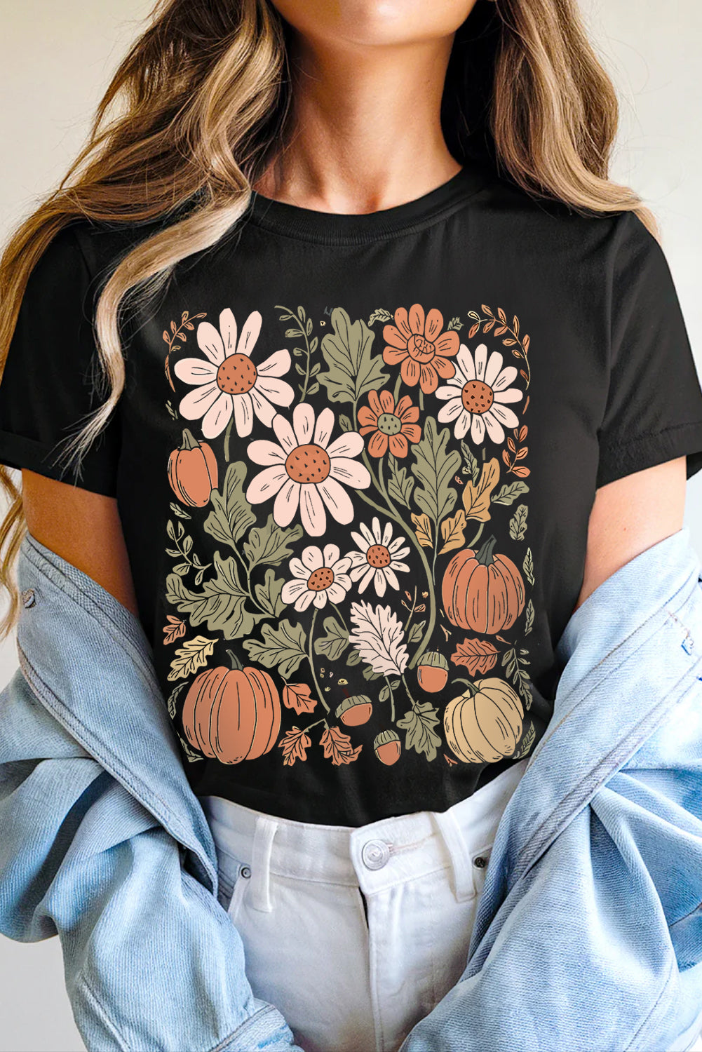 Black Wild Flower Pumpkin Print T Shirt