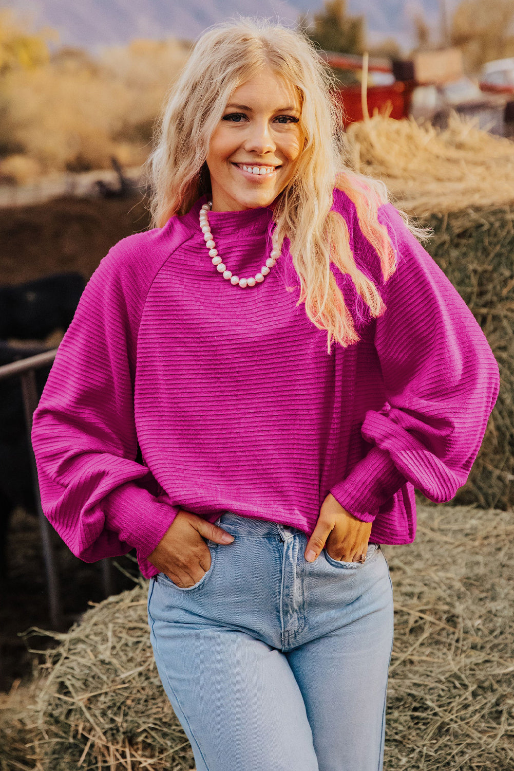 Strawberry Pink Textured Knit Mock Neck Raglan Sleeve Loose Top