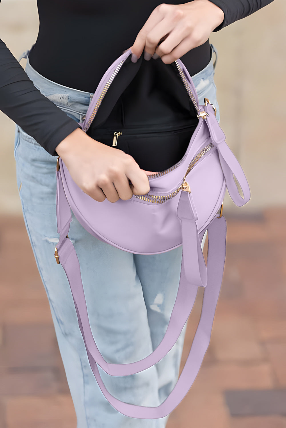 Bright Pink Strap Double Zipper Crossbody Bag