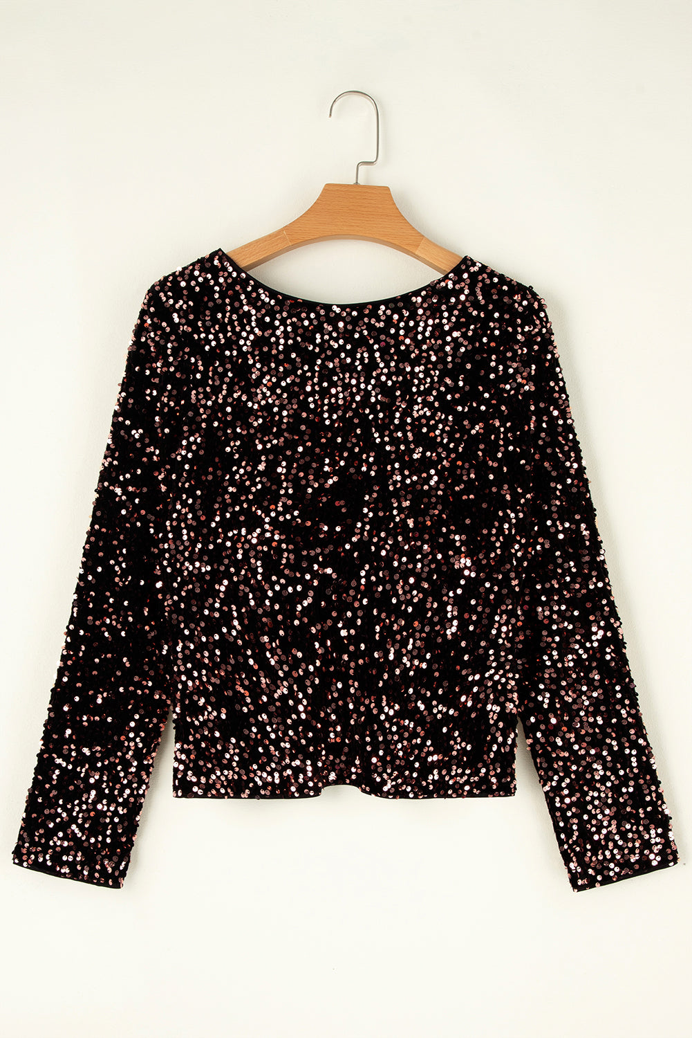 Chicory Coffee Sequin Twist Backless Long Sleeve Top