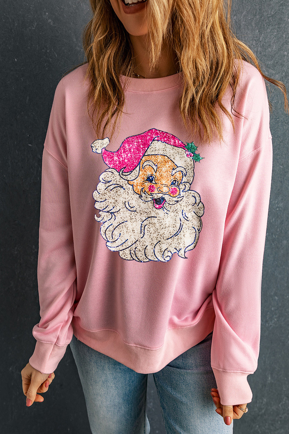 Pink Christmas Santa Claus Graphic Heat Transfer Printing Drop Shoulder Sweatshirt