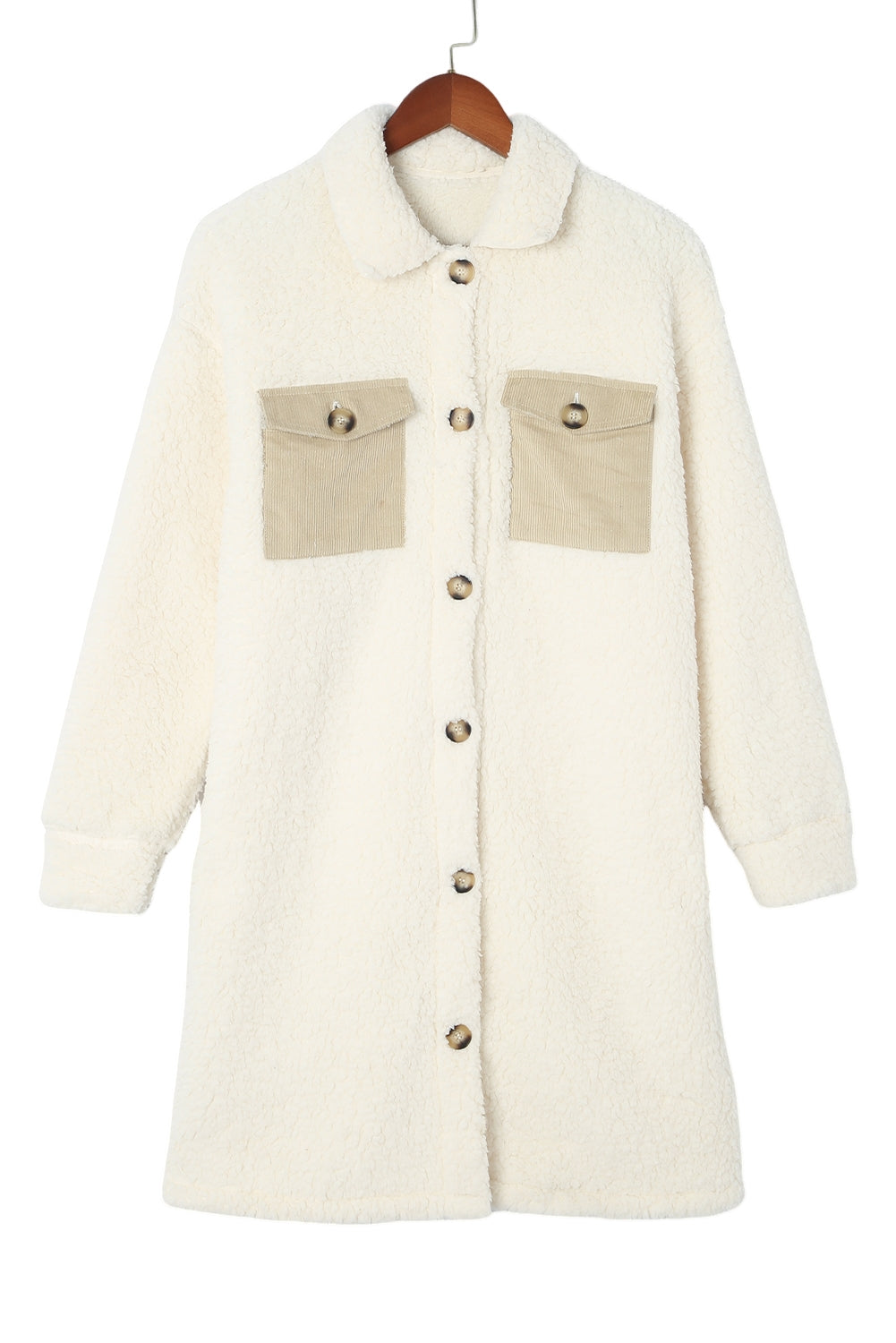 Beige Contrast Flap Pocket Single Breasted Teddy Coat