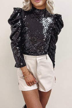 Black Sequin Mock Neck Ruched Puff Sleeve Top