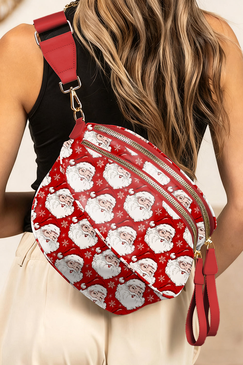 Pink Christmas Graphic Double Zip Crossbody Bag