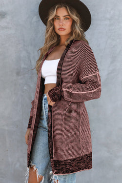 Grey Plaid Contrast Trim Casual Knit Cardigan