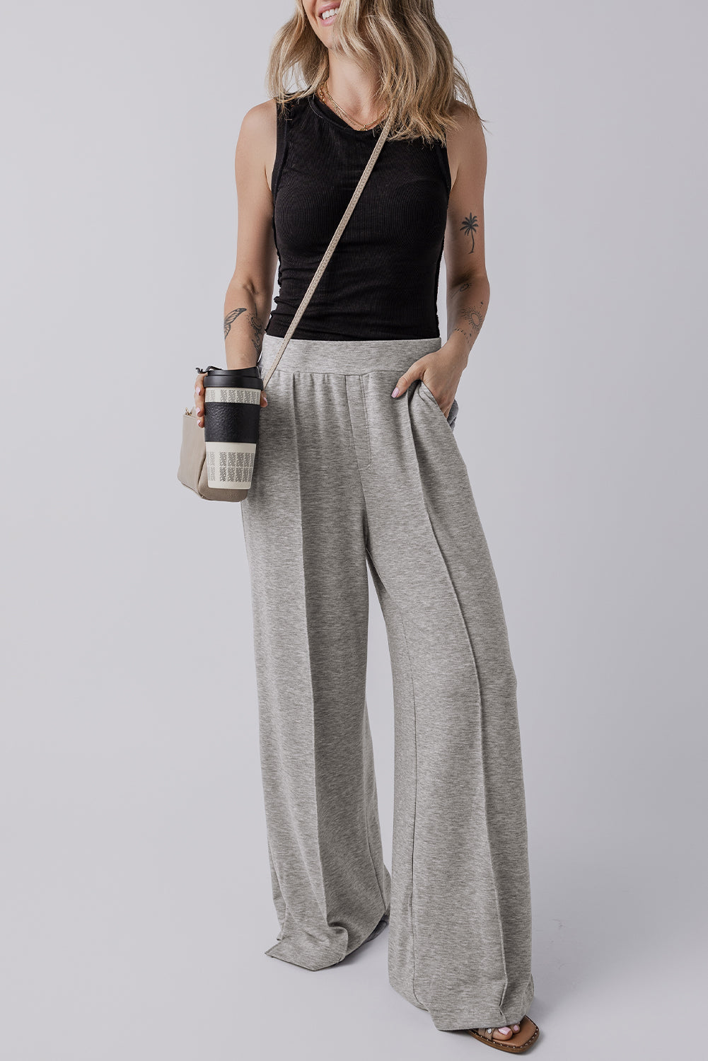 Medium Grey Central Seam Wide Leg High Waist Casual Pants