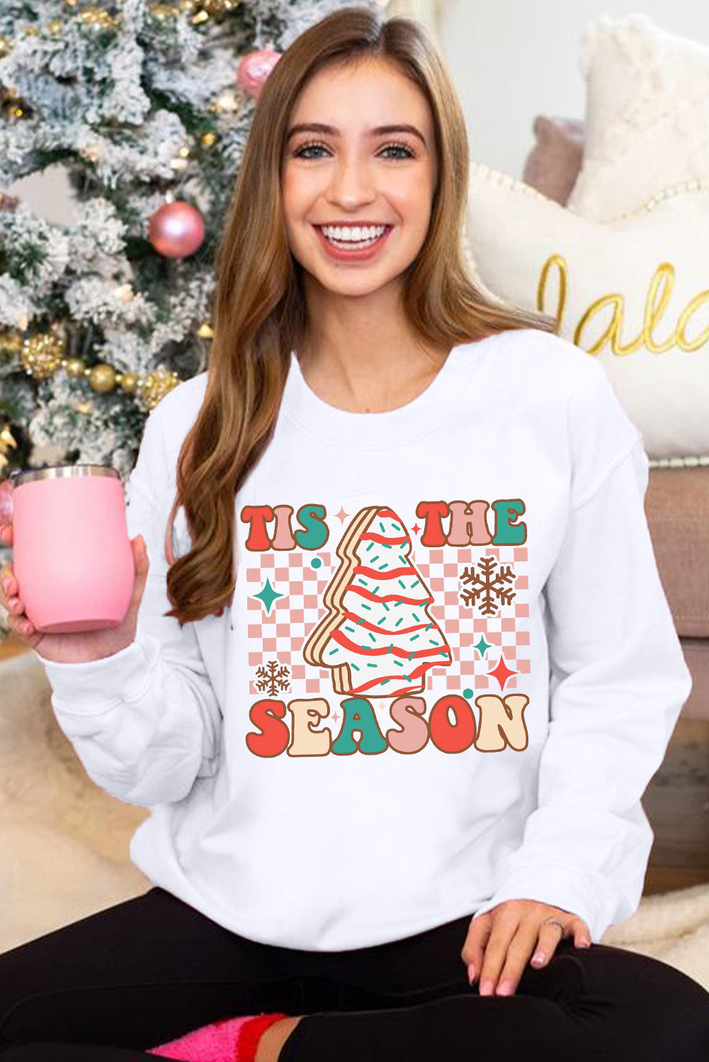 Beige TIS THE SEASON Christmas Tree Graphic Crewneck Sweatshirt