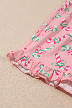 Pink Christmas Candy Cane Print Knotted Pajama Set