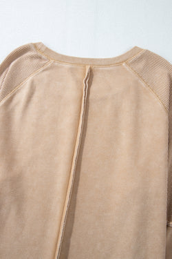Light French Beige Patchwork Raglan Sleeve Exposed Seam Sweatshirt