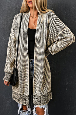 Grey Plaid Contrast Trim Casual Knit Cardigan