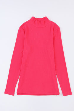 Rose Plain Solid Color Ribbed Long Sleeve Mock Neck Top