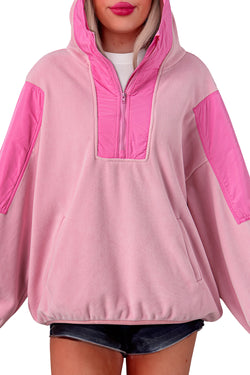 Pink Patchwork Half Zip Oversized Sherpa Hoodie