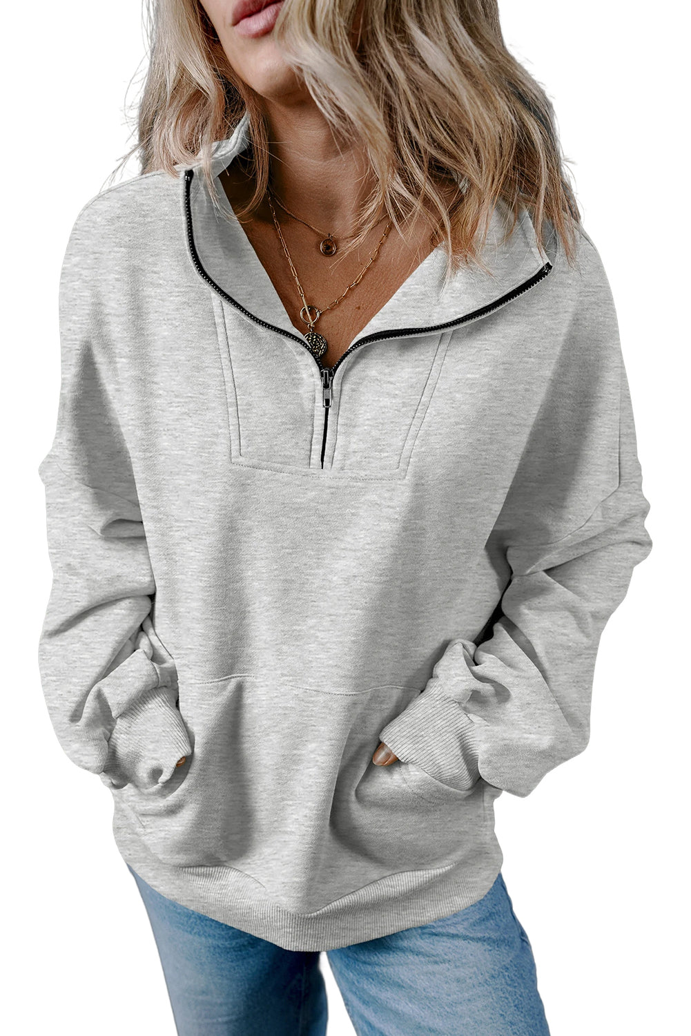 Black Zip-up Stand Neck Kangaroo Pocket Sweatshirt