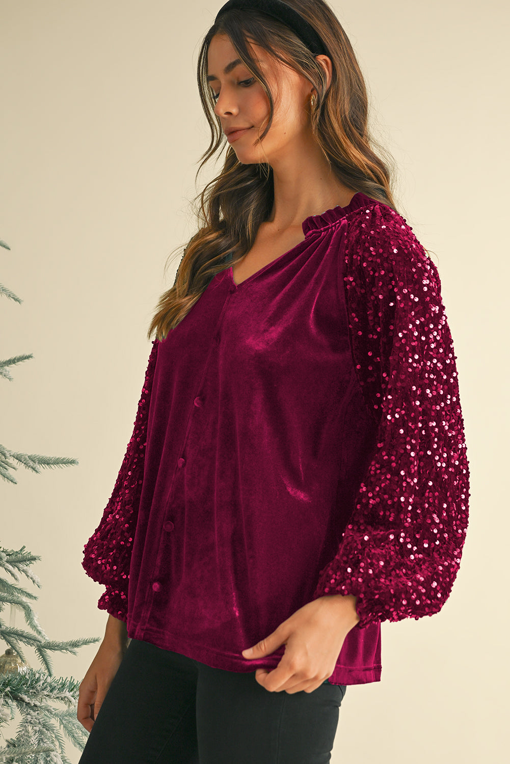 Red Dahlia Velvet Sequin Patchwork Sleeve Button Up Blouse