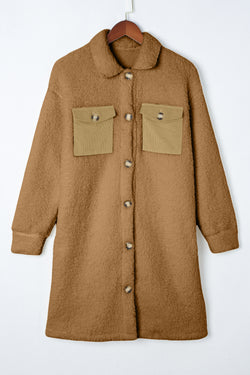 Beige Contrast Flap Pocket Single Breasted Teddy Coat