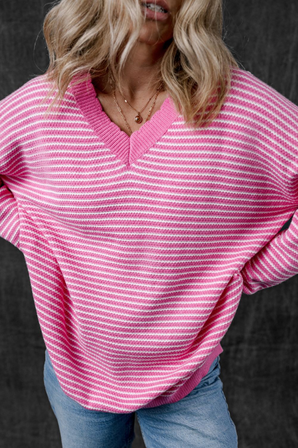 Striped V-Neck Dropped Shoulder Sweater